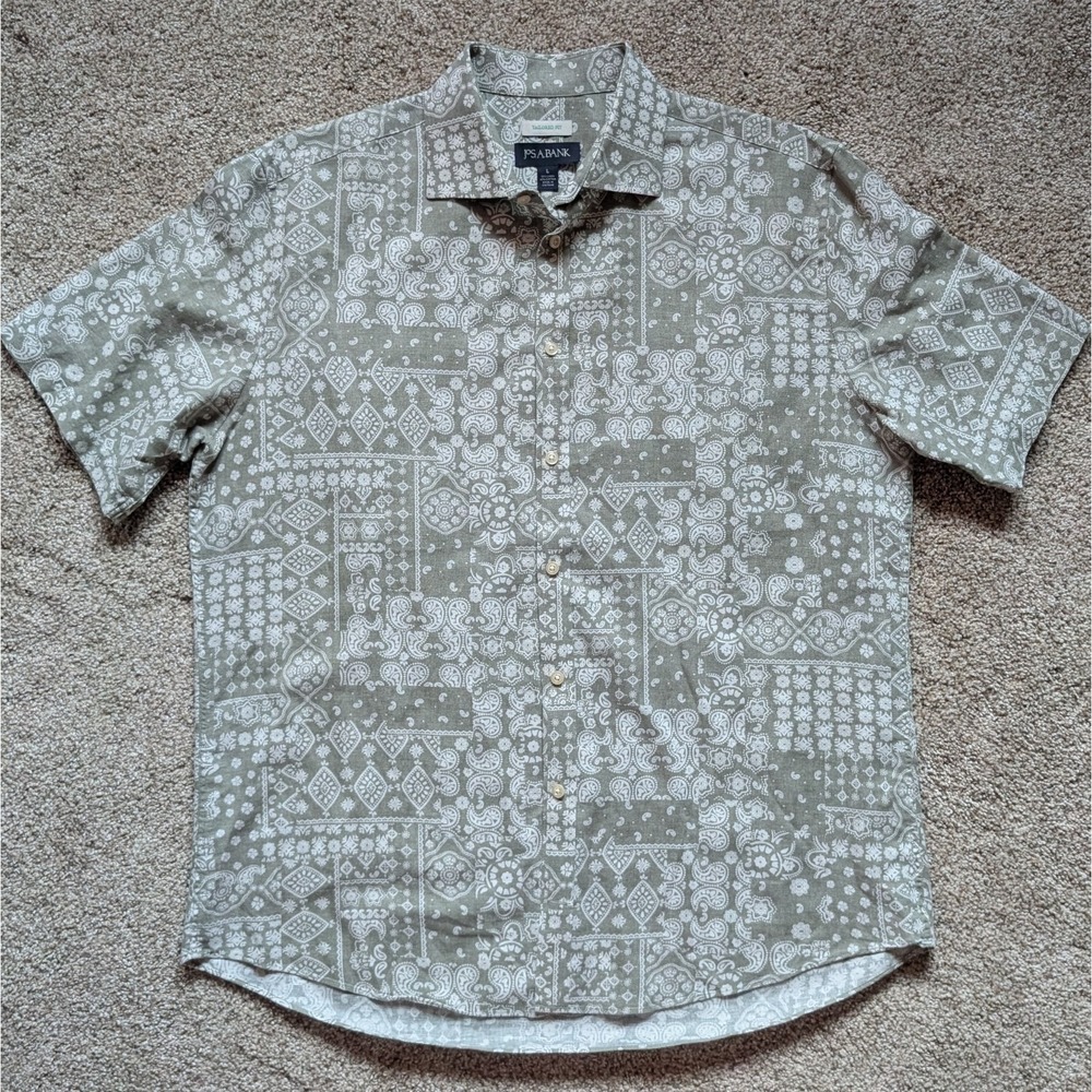 NWOT Jos A Banks Men's L Button Up Shirt Paisley Linen Cotton Summer Coastal